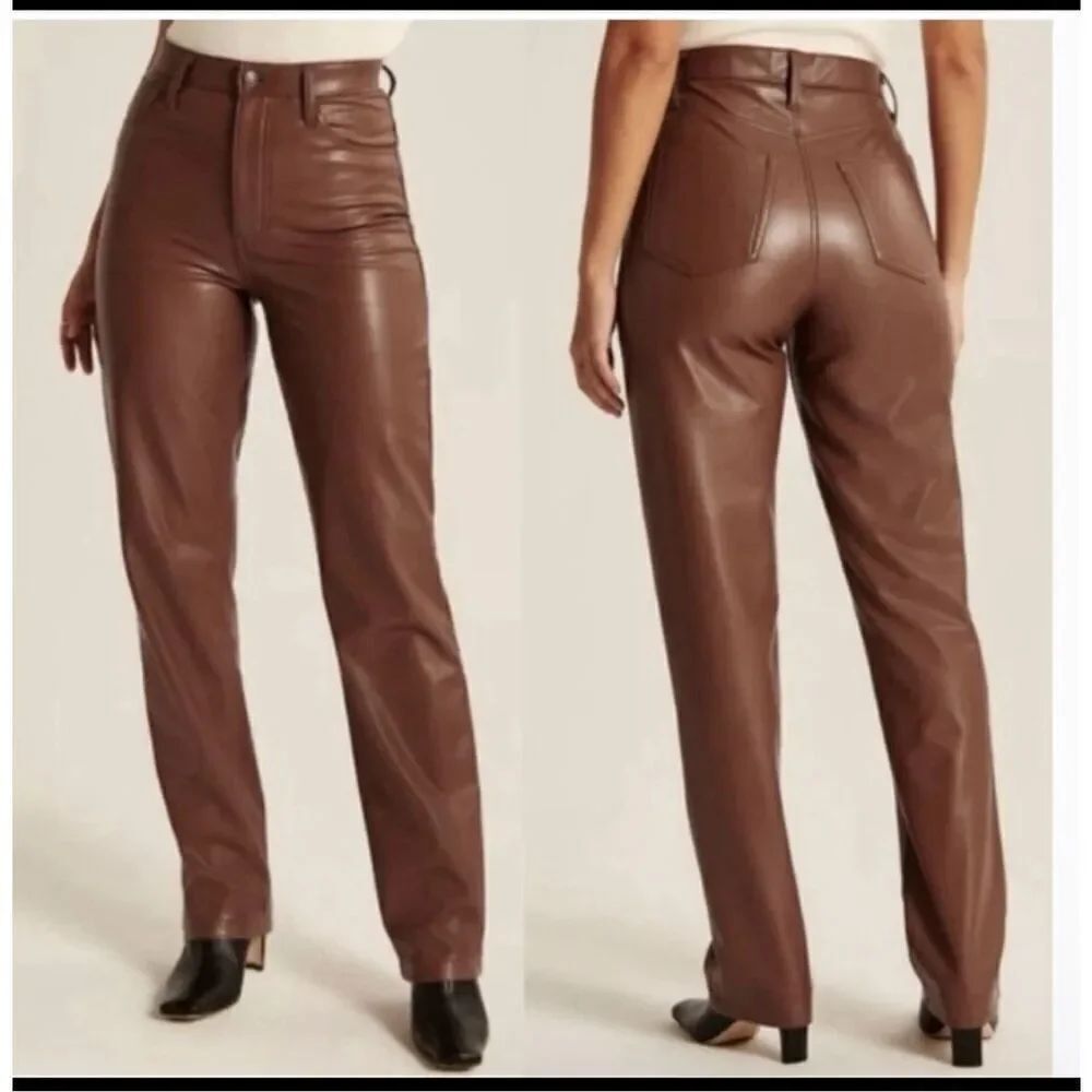 Abercrombie & Fitch brown faux leather the 90s straight ultra high rise pants 33